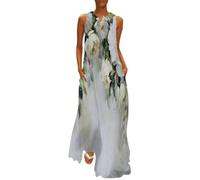 MGDIFYXAA Robe Maxi Femme Plantes élégantes Chic, Robe d'Été Roses Blanches Longue et Fluide, sans Manches Coupe Ample Élégante, Idéale pour Soirée, Vacances et Plage L
