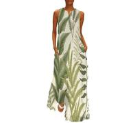 MGDIFYXAA Robe Maxi Femme Plantes rétro Chic, Robe d'Été Fougères Vertes Longue et Fluide, sans Manches Coupe Ample Élégante, Idéale pour Soirée, Vacances et Plage XL