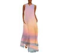 MGDIFYXAA Robe Maxi Femme Simple Chic, Robe d'Été Lever de Soleil sur l'océan Longue et Fluide, sans Manches Coupe Ample Élégante, Idéale pour Soirée, Vacances et Plage 5XL