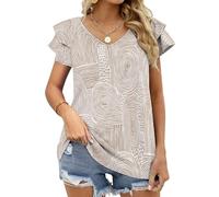 MGDIFYXAA T Shirt Beige Femme Décontracté Col en v Manches Courtes à Volants Haut Été Haut Doubler léger T-Shirt Blouse Respirant et Facile à Assortir pour Été 4XL