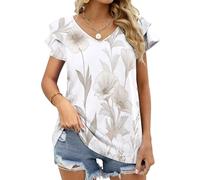 MGDIFYXAA T Shirt Blanc Femme Décontracté Col en v Manches Courtes à Volants Haut Été Haut Fleurs peintes à la Main léger T-Shirt Blouse Respirant et Facile à Assortir pour Été XL
