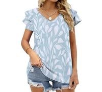 MGDIFYXAA T-Shirt Bleu surdimensionné à col en v et Manches Courtes à Volants pour Femme, Coupe Ample, Haut Basique décontracté Feuilles de Vigne pour l'été XXL