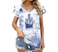 MGDIFYXAA T-Shirt Bleu surdimensionné à col en v et Manches Courtes à Volants pour Femme, Coupe Ample, Haut Basique décontracté Voilier Aquarelle pour l'été L