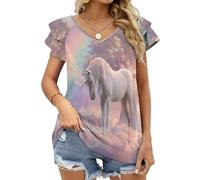MGDIFYXAA T-Shirt Rose surdimensionné à col en v et Manches Courtes à Volants pour Femme, Coupe Ample, Haut Basique décontracté Cheval de rêve pour l'été 5XL