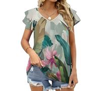 MGDIFYXAA T-Shirt Vert surdimensionné à col en v et Manches Courtes à Volants pour Femme, Coupe Ample, Haut Basique décontracté Plante Tropicale Feuilles de bananier pour l'été XL