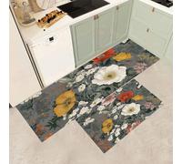 MGDIFYXAA Tapis de Cuisine antidérapant Lavable - Lot de 2 Tapis Cuisine Fleurs rétro Doux Devant evier pour Chambre à Coucher couloirs Salon (Marguerite Feuilles Vertes,50×80cm+50×150cm)