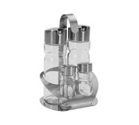MGE - Set Huilier Vinaigrier avec Salière et Poivrière - 4 Pièces avec Support en Acier Inoxydable - Bouteilles en Verre Rechargeables Antigoutte - Élégant pour Cuisine et Table