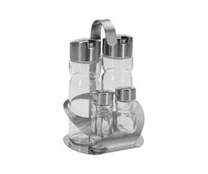 MGE - Set Huilier Vinaigrier avec Salière et Poivrière - 4 Pièces avec Support en Acier Inoxydable - Bouteilles en Verre Rechargeables Antigoutte - Élégant pour Cuisine et Table
