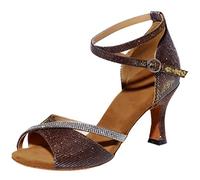 MGM-Joymod Chaussures de danse latine moderne pour femme avec chaîne et cristaux pailletés pour salsa, samba, rumba, salle de bal, Talon marron pailleté 7 5 cm, 39 EU