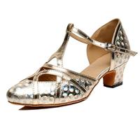 MGM-Joymod Chaussures de Danse pour Femme Bride en T Bout fermé Paillettes Synthétiques Soirée de Mariage Tango Salle de Bal Moderne Amérique Latine, Motif Floral Doré Talon de 5 cm, 41 EU