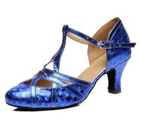 MGM-Joymod Chaussures de Danse pour Femme Bride en T Bout fermé Paillettes Synthétiques Soirée de Mariage Tango Salle de Bal Moderne Amérique Latine, Motif Floral Bleu Talon de 6 cm, 39 EU