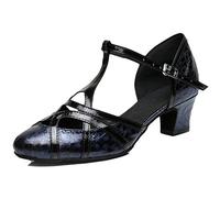 MGM-Joymod Chaussures de Danse pour Femme Bride en T Bout fermé Paillettes Synthétiques Soirée de Mariage Tango Salle de Bal Moderne Amérique Latine, Motif Floral Noir Talon de 5 cm, 39.5 EU