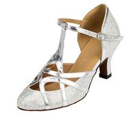 MGM-Joymod Chaussures de Danse pour Femme Bride en T Bout fermé Paillettes Synthétiques Soirée de Mariage Tango Salle de Bal Moderne Amérique Latine, Talon Argenté pailleté de 6cm,42 EU