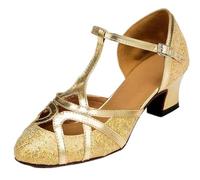 MGM-Joymod Chaussures de Danse pour Femme Bride en T Bout fermé Paillettes Synthétiques Soirée de Mariage Tango Salle de Bal Moderne Amérique Latine, Talon Doré pailleté de 5cm,42.5 EU