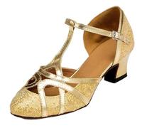 MGM-Joymod Chaussures de Danse pour Femme Bride en T Bout fermé Paillettes Synthétiques Soirée de Mariage Tango Salle de Bal Moderne Amérique Latine, Talon Doré pailleté de 5cm,36.5 EU