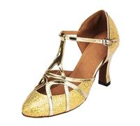 MGM-Joymod Chaussures de Danse pour Femme Bride en T Bout fermé Paillettes Synthétiques Soirée de Mariage Tango Salle de Bal Moderne Amérique Latine, Talon Doré pailleté de 8cm,41 EU