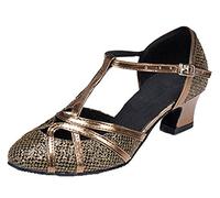 MGM-Joymod Chaussures de Danse pour Femme Bride en T Bout fermé Paillettes Synthétiques Soirée de Mariage Tango Salle de Bal Moderne Amérique Latine, Marron Talon de 5 cm, 39 EU