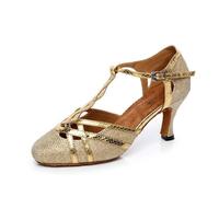 MGM-Joymod Chaussures de Danse pour Femme Bride en T Bout fermé Paillettes Synthétiques Soirée de Mariage Tango Salle de Bal Moderne Amérique Latine, L322 Doré Talon de 7,5cm,40 EU