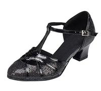 MGM-Joymod Chaussures de Danse pour Femme Bride en T Bout fermé Paillettes Synthétiques Soirée de Mariage Tango Salle de Bal Moderne Amérique Latine, Talon Noir pailleté de 5cm,38.5 EU