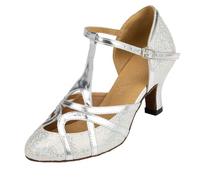 MGM-Joymod Chaussures de Danse pour Femme Bride en T Bout fermé Paillettes Synthétiques Soirée de Mariage Tango Salle de Bal Moderne Amérique Latine, Talon Argenté pailleté de 6cm,38 EU