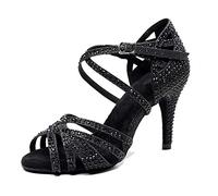 MGM-Joymod Sandales de Danse à Bout Ouvert et avec Sangles croisées Strass pour Femme pour Salle de Bal, Noir Pailleté de 8,5cm Talon,38 EU