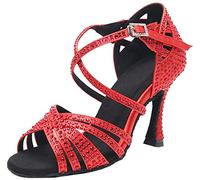 MGM-Joymod Sandales de Danse à Bout Ouvert et avec Sangles croisées Strass pour Femme pour Salle de Bal, Rouge foncé de 9cm Talon,37.5 EU