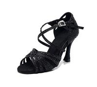 MGM-Joymod Sandales de Danse à Bout Ouvert et avec Sangles croisées Strass pour Femme pour Salle de Bal, Noir foncé de 9cm Talon,37 EU