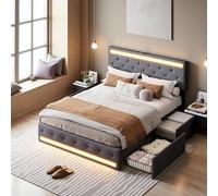MGMYM Lit 140x190 avec Sommier LED et USB, Lit Double rembourré avec 4 tiroirs, Lits Adulte avec sommier à Lattes en Bois, Tête de Lits Réglable en Hauteur, Lin (B Gris, 140x190cm)
