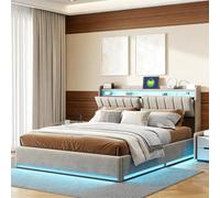 MGMYM Lit double, rembourré, 140 x 200 cm, avec espace de rangement hydraulique et cadre en métal, pour adultes et adolescents, lit fonctionnel, tête de lit, tissu en velours, gris