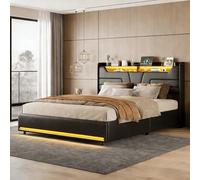 MGMYM Lit double, rembourré, 160 x 200 cm, avec espace de rangement hydraulique et cadre en métal, pour adultes et adolescents, lit fonctionnel, tête de lit, en polyuréthane, noir