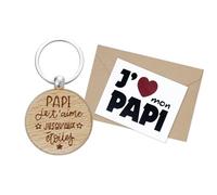 MGRKYQX Cadeau Papy Porte-clé Papi je t'aime en Bois et Carte de Vœux Porte-Clef Grand-Père Accessoire Homme pour Anniversaire Noël Naissance