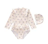 MHADBKH Maillot de bain à manches longues pour enfants - Tissu à séchage rapide - Imprimé élégant - Couverture complète - Avec bonnet de bain élastique - Tenue de bain extensible à manches longues