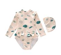 MHADBKH Maillot de bain à manches longues pour enfants - Tissu à séchage rapide - Imprimé élégant - Couverture complète - Avec bonnet de bain élastique - Tenue de bain extensible à manches longues