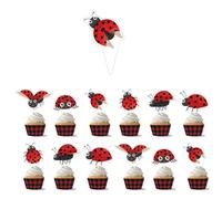 MHDAMAI Topper de Gâteau,Coccinelle Cupcake Toppers Drapeau des Cure-Dents 12 Pièces Décorations de Gâteau d'anniversaire pour Les Enfants Anniversaire Bébé Douche Fête de d'anniversaire Mariage