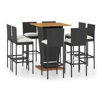 Mhdvray Ensemble de Bar de Jardin 9 Pcs Table Acacia et 8 Tabourets Noir | Mobilier haut pour terrasse et jardin avec plateau acacia massif, structure acier robuste et coussins assise confortables.