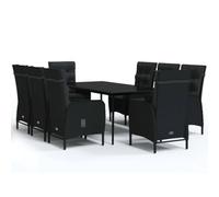 Mhdvray Ensemble Repas de Jardin 9 Pcs Table Verre et 8 Fauteuils Noir | Salon à manger extérieur en résine tressée avec table en verre et huit sièges confortables pour terrasse.