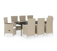 Mhdvray Ensemble Salon de Jardin 9 Pièces Table en Verre et Chaises Beige | Mobilier d extérieur avec une grande table et huit fauteuils inclinables avec coussins pour terrasse et patio.