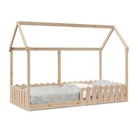 Mhdvray Lit Cabane 90x190 cm en Pin Massif avec Sommier à Lattes | Structure maison ludique en bois naturel pour la chambre, barrières de sécurité intégrées et design au sol surbaissé