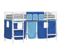 Mhdvray Lit Mezzanine Métal avec Rideaux Blanc Bleu 75x190 cm | Structure en métal robuste avec rideaux en maille pour créer un coin jeu sous le lit dans la chambre d'enfant.