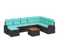 Mhdvray Salon de Jardin 9 Pcs Canapé Modulaire Poly Rotin Noir | Ensemble modulaire pour terrasse et jardin avec assises confortables, table en bois d acacia et pieds réglables.
