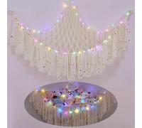 MHJY Hamac en filet pour jouets en peluche - Organiseur de rangement doux pour doudous - Grand filet d'angle suspendu avec lumière LED - Organiseur en macramé tissé à la main avec pompon pour la