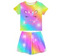 MHJY Pyjama Fille 2 Pièces Manche Courte avec Volants - Ensemble T-Shirt et Short Licorne, Vêtement de Nuit Confortable et Décontracté pour Enfants 7-8 Ans