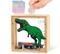 MHJY Tirelire Dinosaur en Bois Naturel et Acrylique pour Enfants, Cadeau Éducatif Personnalisable avec Autocollants, Décoration de Chambre Mignonne
