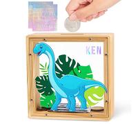 MHJY Tirelire Dinosaur en Bois Naturel et Acrylique pour Enfants, Cadeau Éducatif Personnalisable avec Autocollants, Décoration de Chambre Mignonne