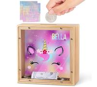 MHJY Tirelire en Bois Licorne et Sirène pour Enfants, Cadeau Éducatif Personnalisable avec Autocollants DIY, Décoration Chambre