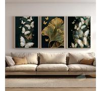 MHLCMG Papillons Abstraits Bleus Dorés Feuilles Ginkgo Affiche Impression sur Toile Tableau Art Peintures Murale pour Salon Chambre Tableau Decoration (3X40X60CM,H4-Sans Cadre)