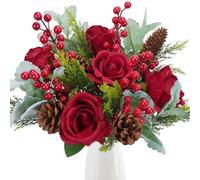 MHMJON Lot de 18 Bouquets de Fleurs de Noël artificielles | Bouquet mélangé, Branches de pin artificielles, tiges de Baies, Pommes de pin Rouges pour Noël, l'hiver, la Maison, la Table, Le Vase, Le