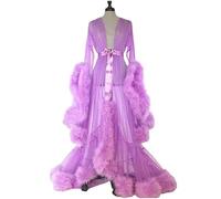 MHNFGDSE Maxi Jupe Sexy pour Femme Long Dentelle Trasparente Queen Robe Perspective Lingerie de Nuit Sheer Nuisette avec Plumes Ceinture Grande Taille Chambre Kimono Maille Transparente,F,One Size