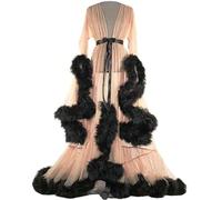 MHNFGDSE Maxi Jupe Sexy pour Femme Long Dentelle Trasparente Queen Robe Perspective Lingerie de Nuit Sheer Nuisette avec Plumes Ceinture Grande Taille Chambre Kimono Maille Transparente,C,One Size