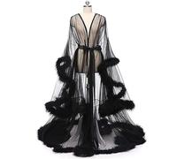 MHNFGDSE Maxi Jupe Sexy pour Femme Long Dentelle Trasparente Queen Robe Perspective Lingerie de Nuit Sheer Nuisette avec Plumes Ceinture Grande Taille Chambre Kimono Maille Transparente,D,One Size